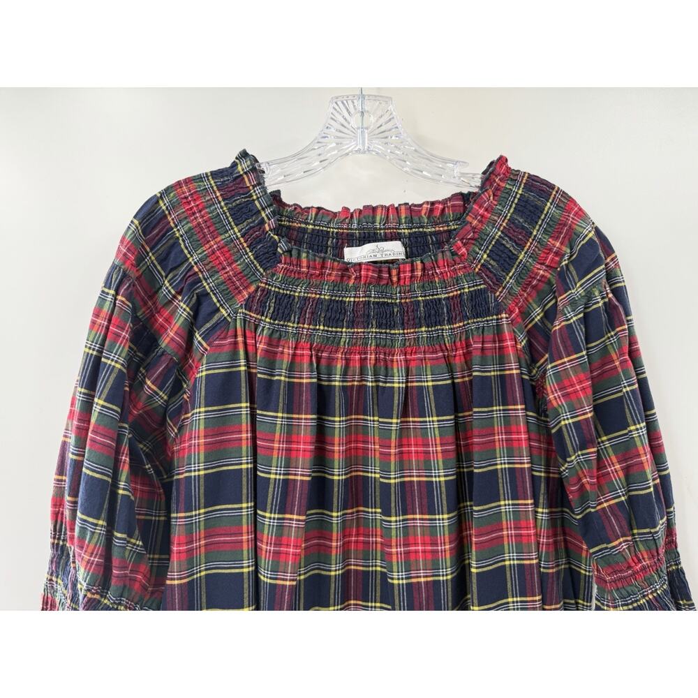 Victorian Trading Co. Tartan Plaid Smocked Long Sleeve Dress Ruffled Hem Medium - Picture 2 of 8